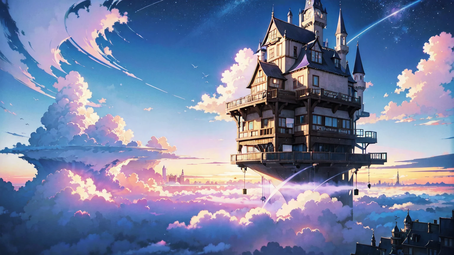bright painting, Makoto Shinkai, city in the sky, above the clouds, cute house floating magically, building above the clouds, weightless castle in the sky, stairs in the sky, illustration, nostalgic, vivid, background only, bright, fresh, witch in black robe and black hat, purple hair