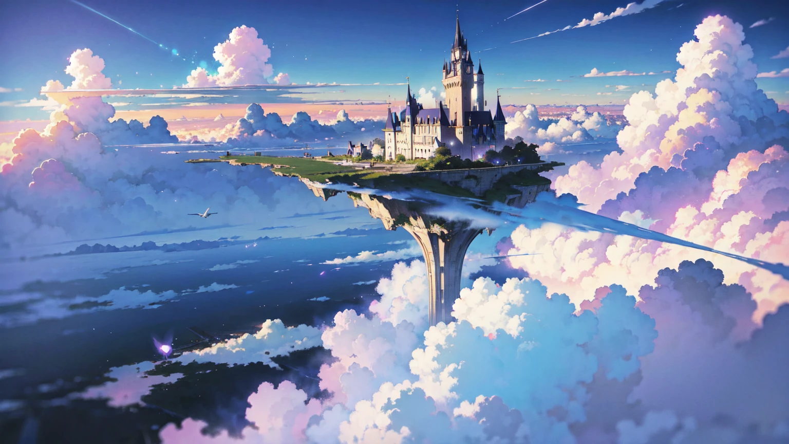 bright painting, Makoto Shinkai, city in the sky, above the clouds, cute house floating magically, building above the clouds, weightless castle in the sky, stairs in the sky, illustration, nostalgic, vivid, background only, bright, fresh, witch in black robe and black hat, purple hair