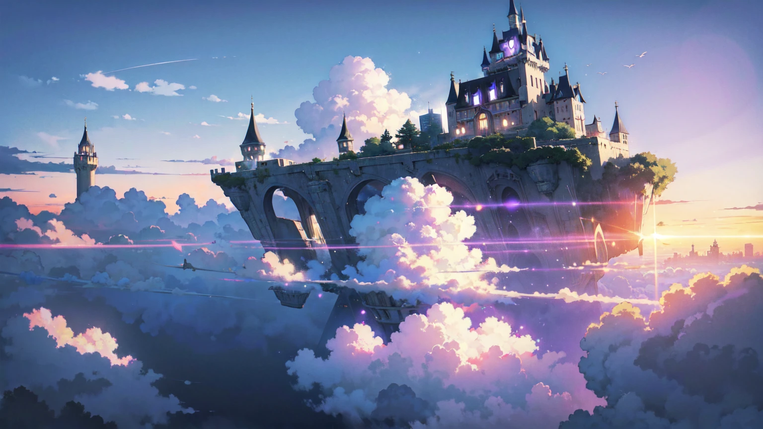 bright painting, Makoto Shinkai, city in the sky, above the clouds, cute house floating magically, building above the clouds, weightless castle in the sky, stairs in the sky, illustration, nostalgic, vivid, background only, bright, fresh, witch in black robe and black hat, purple hair