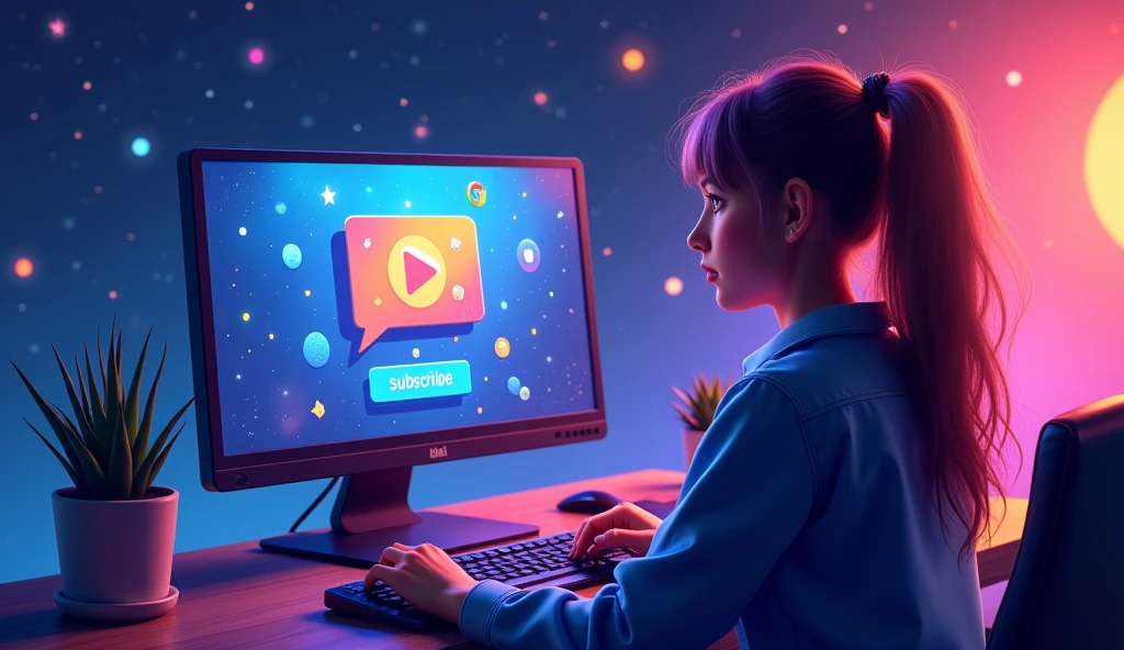A vibrant, engaging image of a person interacting with a computer or mobile device, subscribing to a channel with a cosmic-themed interface. The background features stars and celestial elements, encouraging viewer engagement. -ar 16:9