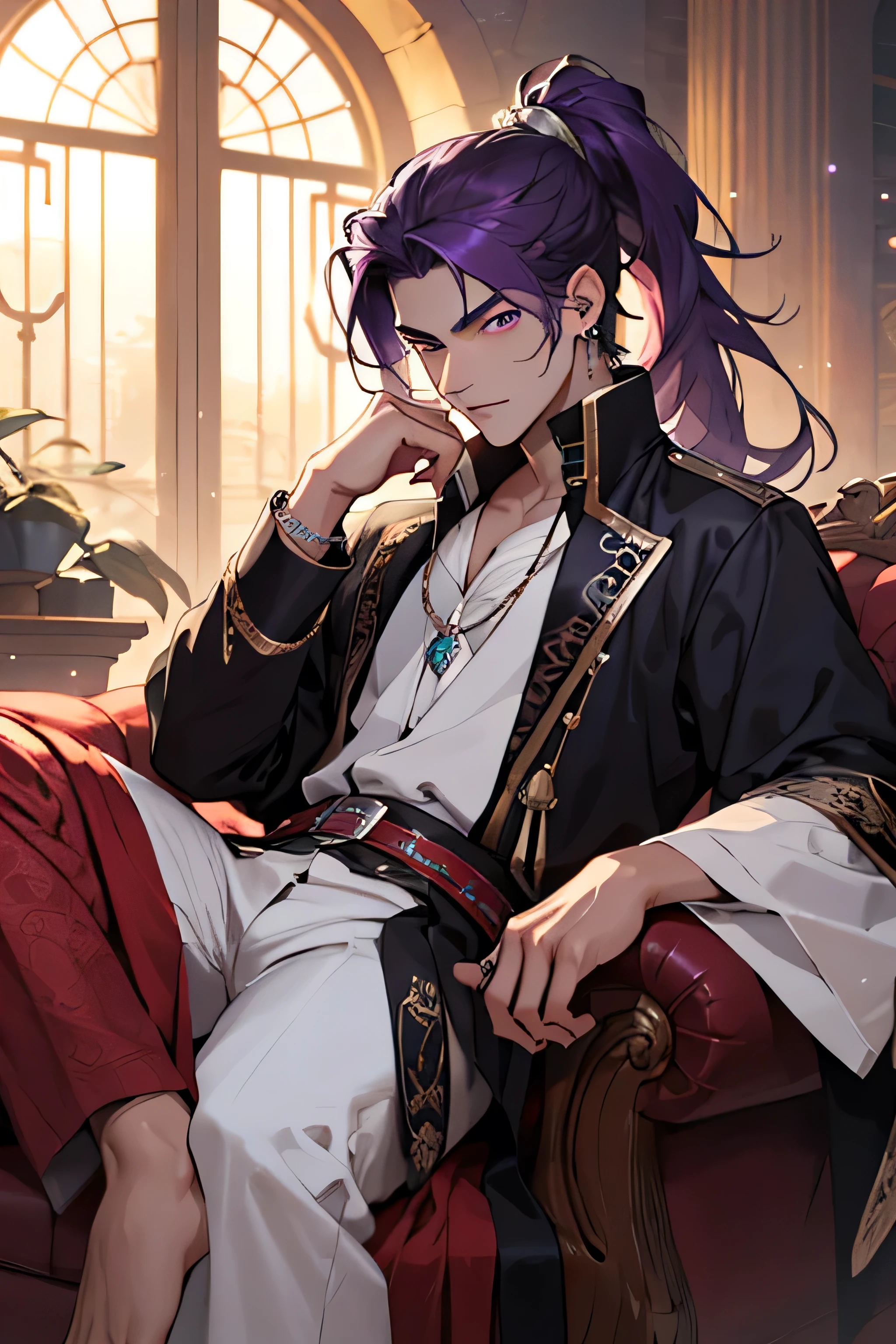 young ottoman man with long dark purple hair in a ponytail bright violet eyes white skin small earrings elegant ottoman clothes pirate jewelry 