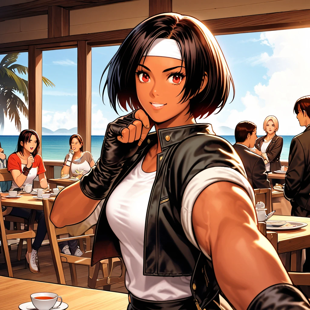One person,woman,short hair,Dark Skin,Red eyes,（black jacket with sleeves rolled up）,Fingerless gloves,White T-shirt, （White headband on forehead）,Black trousers,White shoes,Tea belt,cute,Indoor Party,Charm Points,Ocean View,Slightly large chest,Outdoor,high quality,good looking,Confidence and surprise face,Dining with friends on the terrace,Vibrant atmosphere,Hand on chin