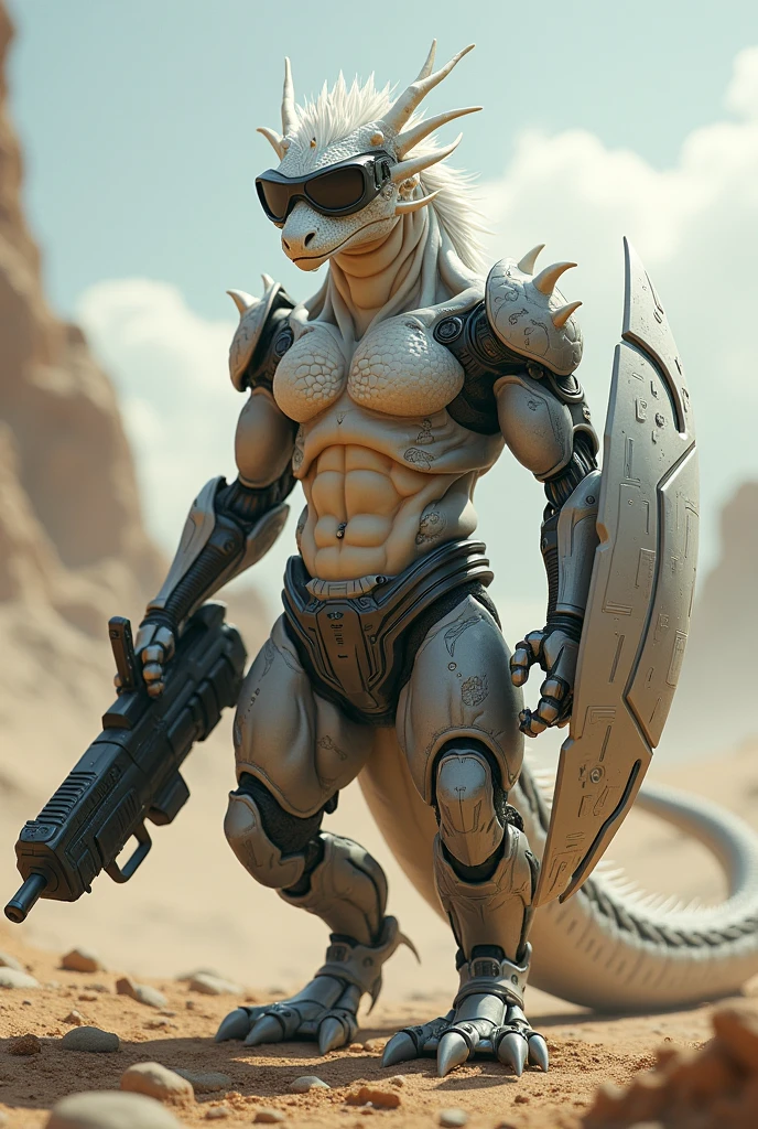 8K, Practical, High Detail, Very detailed, dragon，Exquisite eyes，Exquisite eyes，Extremely high detail，Wasteland Wind，High-tech sunglasses，One hand is a robotic arm，with cover，Abs loom，White fur，Strong body，With a gun in hand，Facing the screen