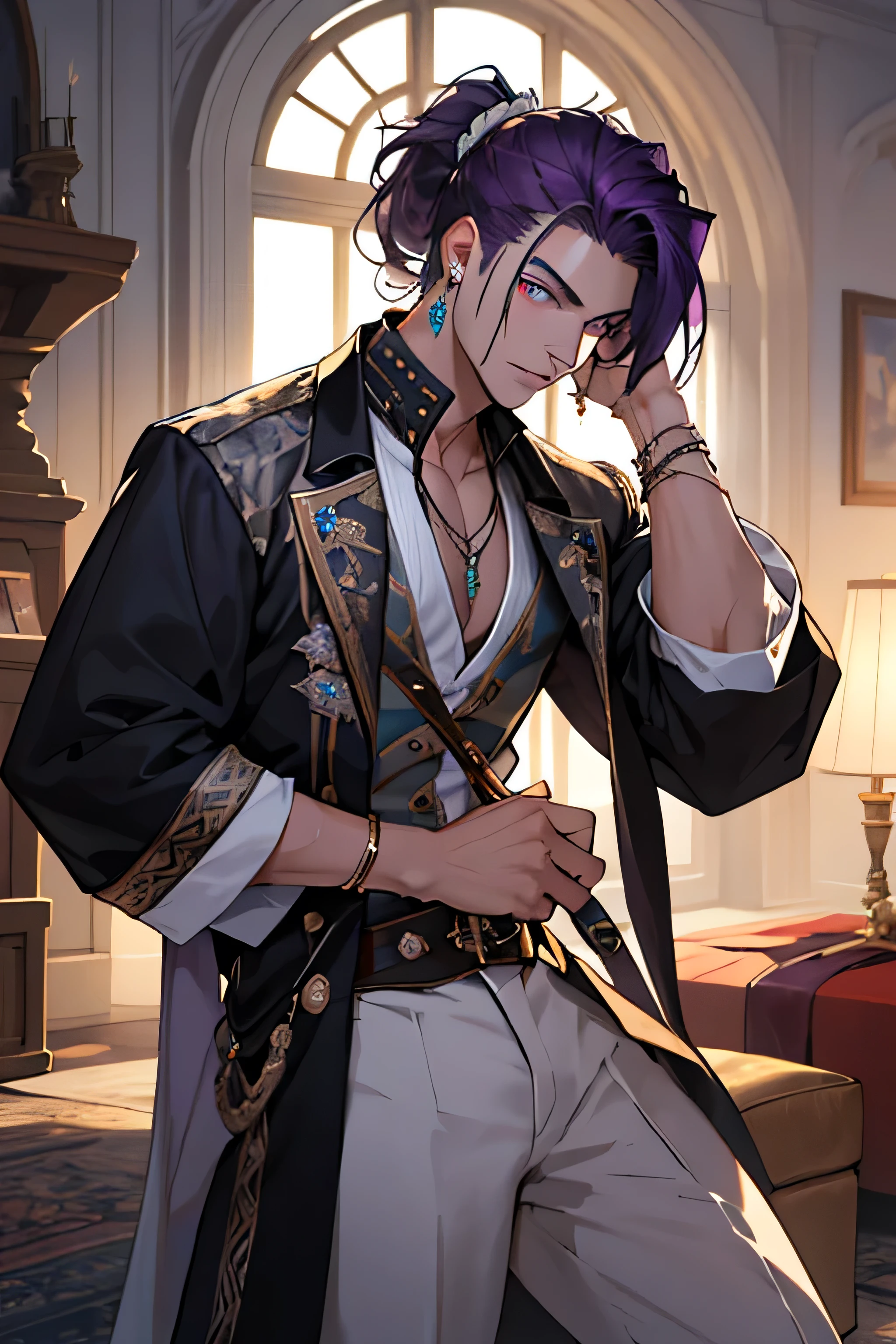 young ottoman man with long dark purple hair in a ponytail bright violet eyes white skin small earrings elegant ottoman clothes pirate jewelry 
