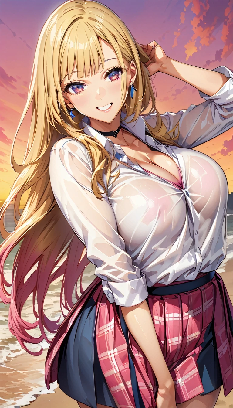 (Highest quality:1.2, Anime artwork, Very detailed, Attention to detail, digital coloring, High Contrast, masterpiece:1.2, Highest quality, Best aesthetics), (((kitagawa marin, 1 girl))), blonde, Straight Long Hair, Pink gradient hair, Red eyes, Earrings, White shirt, Black choker, Check skirt,, smile, Are standing, Cowboy Shot, Sunset on the beach、Detailed Background,Big Breasts:1.1、Cleavage、See through 、Lightweight shirt、((Pink underwear、Underwear is visible))、Dynamic pose