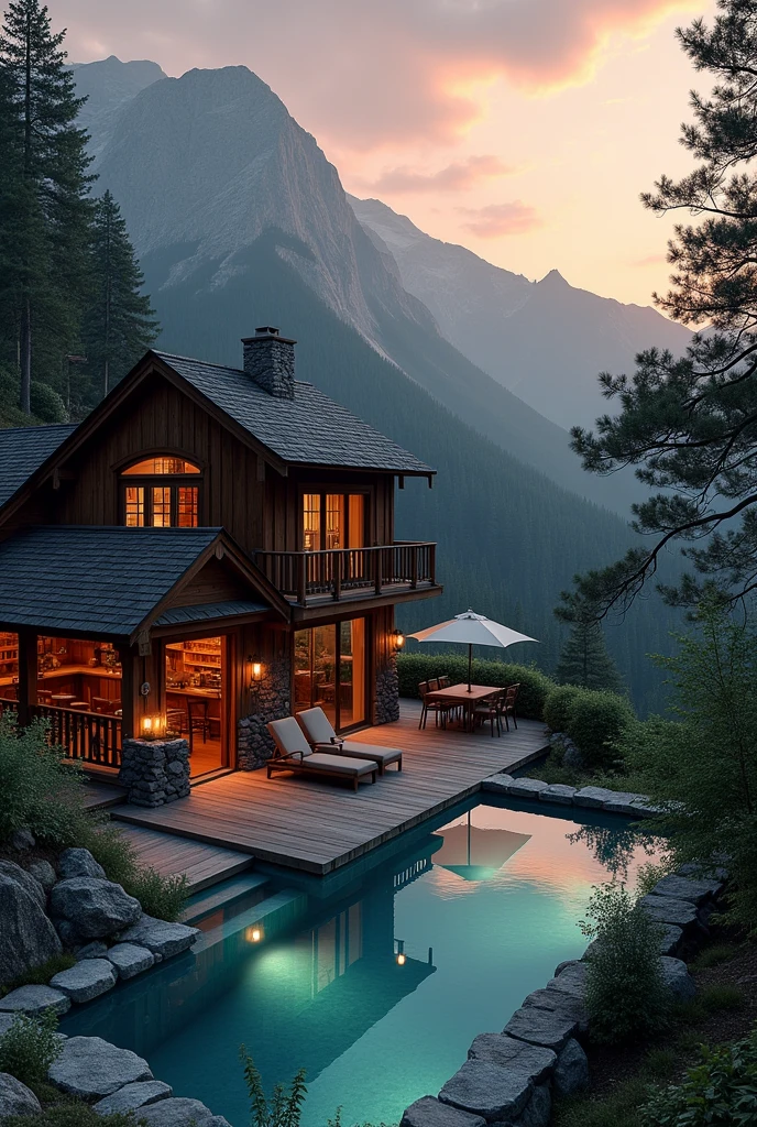 I have a rustic mountaintop hotel with dark wood, nature theme, I want to see a pool below a bar and a restaurant, the pool facing the sunset
