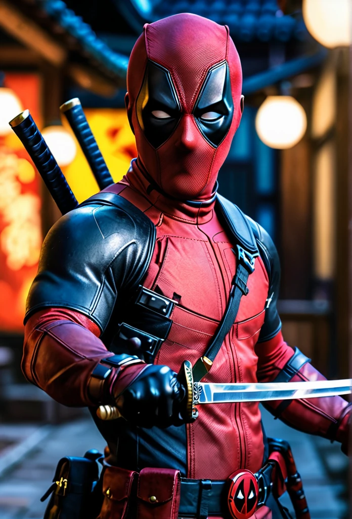 Deadpool,1 anime character,(anime,ghibli style:1.2),highly detailed,ultra detailed,hyper realistic,(best quality,4k,8k,highres,masterpiece:1.2),ultra-detailed,(realistic,photorealistic,photo-realistic:1.37),HDR,UHD,studio lighting,ultra-fine painting,sharp focus,physically-based rendering,extreme detail description,professional,vivid colors,bokeh,portrait,(red costume:1.1),katana sword,(dynamic pose:1.1),intense expression,cinematic lighting,dramatic shadows,vibrant palette