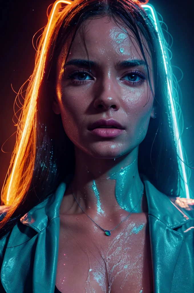 portrait of female face, neon lighting, extreme skin detail, vibrant, wet look skin, dynamic and editorial, necklace and jewellery