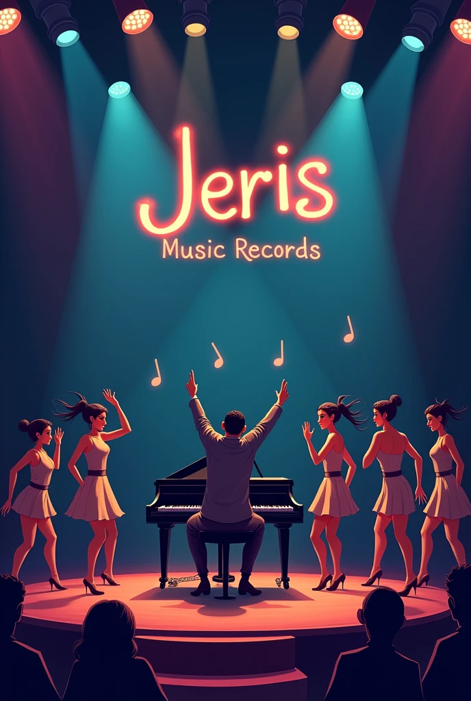 A jazz pianist performing at stage in a dark room..and there is writing ''JerisMusicRecords". lalaland movie style...dancers are dancing..a musical is happening 