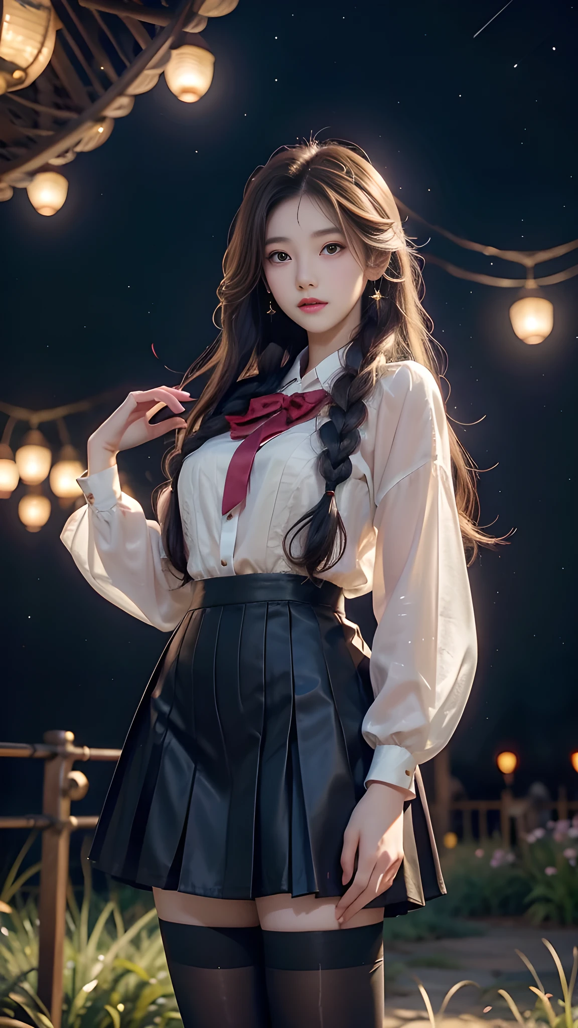 ulzzang-6500-v1.1, (RAW photo: 1.2), (Real photo), (Real photo: 1.4), 1 girl、Perfect anatomy、19 years old、Looking at the camera、Medium length hair、side braids, uniform short skirt, in a surreal royal garden, with many hanging lanterns, under the starry night sky, ((starry night: 1.1))、(Surreal tights: 1.2), (Business service)、Asian eyes Ella,