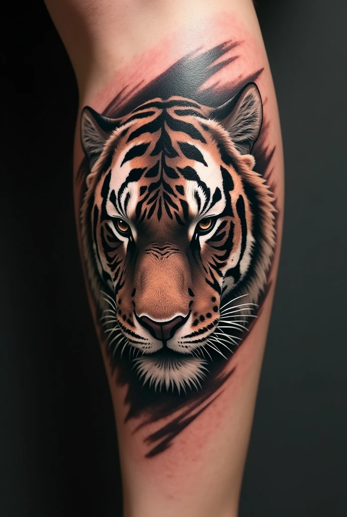 Men leg tattoo with tiger or lion eye and line tattoo mixed with it