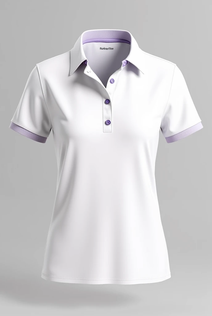 Complete white ladies polo mockup, except lilac buttonhole and placket