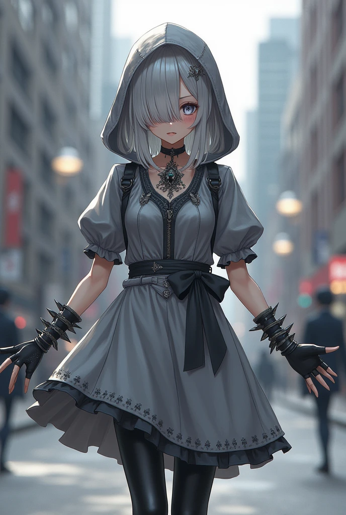 ((best quality)), ((masterpiece)), (detailed), 1 girl, full body, 18 years old, depressed face, silver eyes, arms outstretched, arms behind waist, Metal covering her eyes., Gray hood with zipper, blushing, silver hair, straight hair, bangs, lock of hair covering her eye, full body, medium breasts, slim body, metal spikes, gray bracelets, long black gloves with spikes, gray gothic ta dress, gray dress with metal spikes, puff sleeve, brooch on chest, somewhat tight, black ribbon, metal legs, black pantyhose, black boots, walking through the city, metal coming out of the road, city background, lively