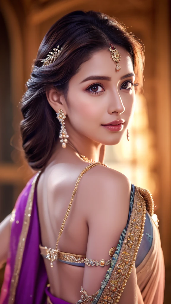 (realistic,photorealistic,photo-realistic:1.37),highly detailed,lilac color saree,gorgeous women,beautiful detailed eyes,beautiful detailed lips,realism style,dynamic pose,full body,8k quality,depth field,wavy long black hair,professional portrait lighting,vivid colors,ultra-sharp focus,soft natural lighting,sophisticated expression,breathtaking composition,subtle background,highres.