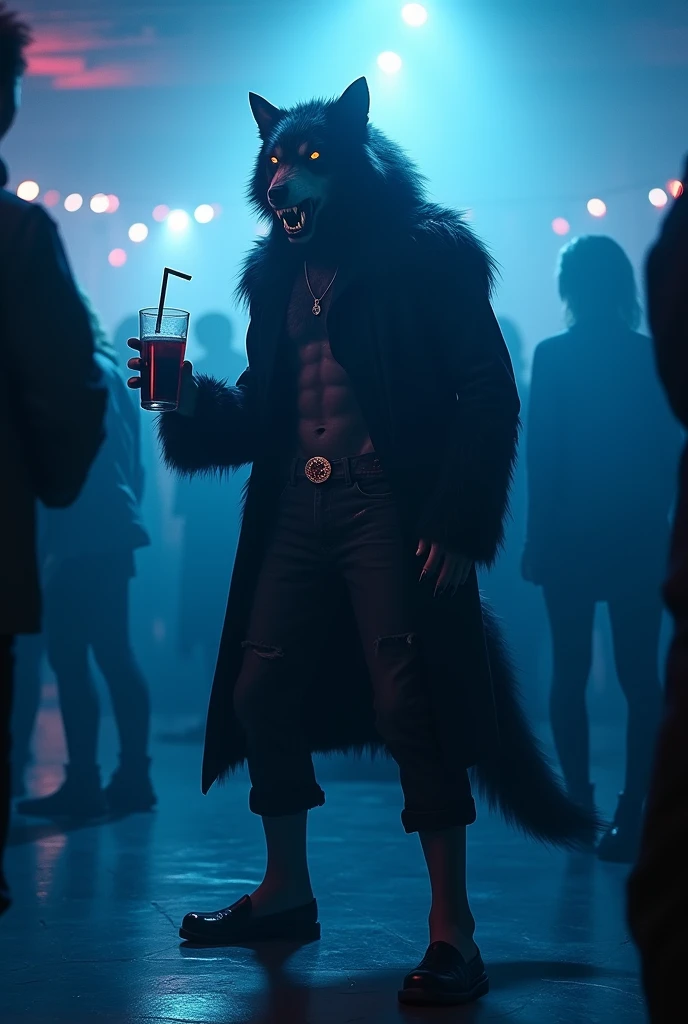 a university wolf, he is wearing a dark party outfit for halloween, he has a drink in his hand, in the background there is a dance floor, The air is gloomy, the reference color blue, the idea is to create suspense