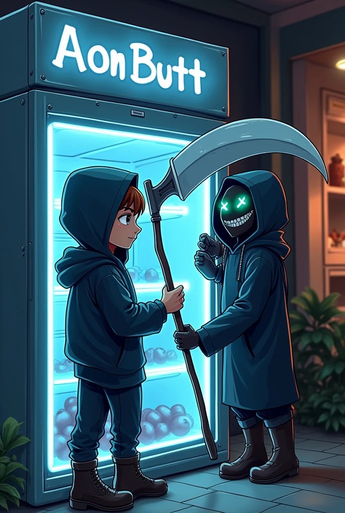 Write on shop name stylish "Aon Butt"freezer reapring shop a boy reaper a freezer