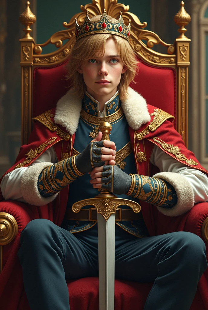 Claro, Here's an image prompt for a realistic portrait of a prince:
A realistic portrait of a young and handsome prince. Ele tem cabelos loiros e olhos azuis, and is wearing a formal princely costume. He's sitting on a throne, with a crown on his head and a sword in his hand. The background is a luxurious throne room, com paredes douradas e colunas entalhadas.