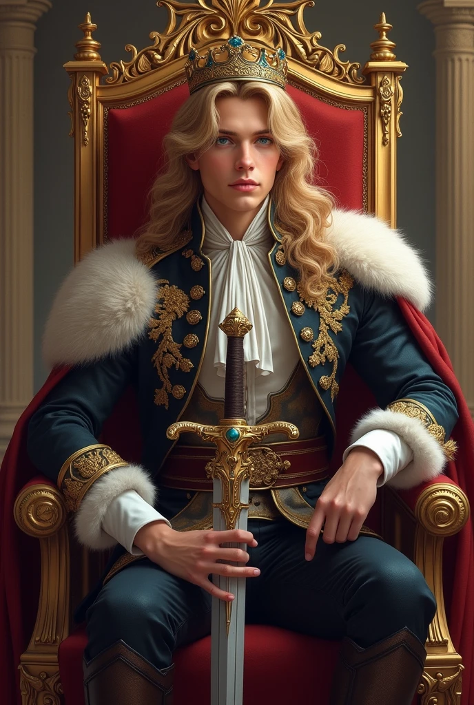 Claro, Here's an image prompt for a realistic portrait of a prince:

A realistic portrait of a young and handsome prince. Ele tem cabelos loiros e olhos azuis, and is wearing a formal princely costume. He's sitting on a throne, with a crown on his head and a sword in his hand. The background is a luxurious throne room, com paredes douradas e colunas entalhadas.