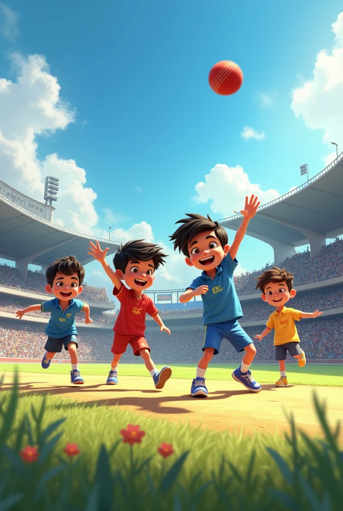 Four bestfriends of three boys and one girl
Playing cricket in beautiful cricket stadium
And three boys names are chaitu,Nani,mukku,and the girl name is vani
