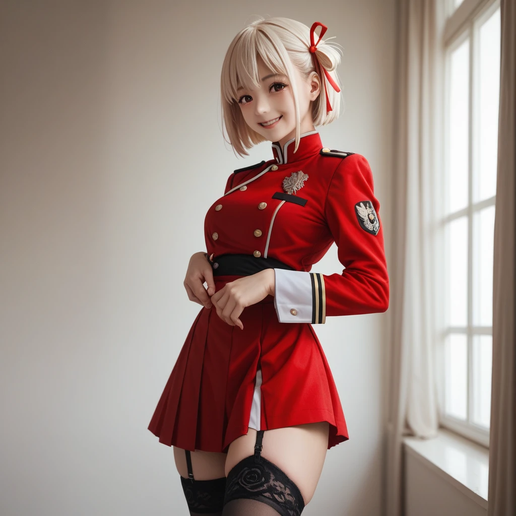 Chisato, 1girl, bangs, indoor, short hair, smile, solo, standing, sexy pose, mediun breast, red uniform, garter straps, stocking, hands behind, red side ribbon, lyrcoris recoil uniform,