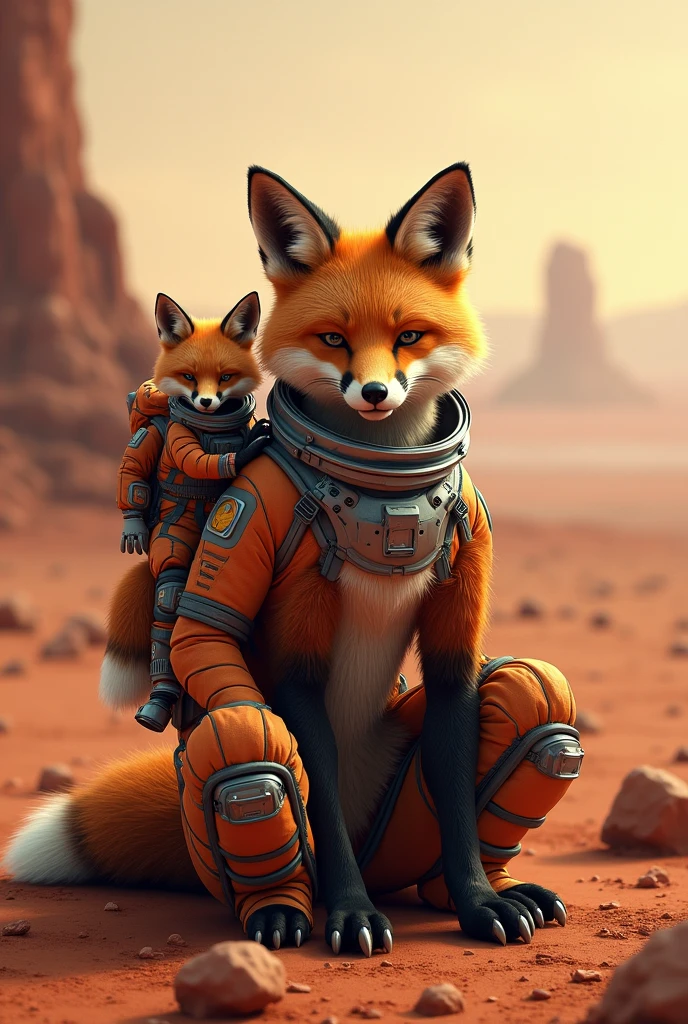 A adult orange and black fox in a space suit while sitting on mars with a small fox in a astronaut suit on his shoulder