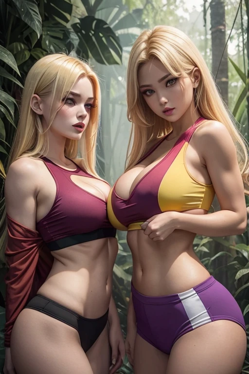  2blondes long tongue with red cuts violet makeup ( yellow eyes.) broken mouth. gym clothes give way necklines forest jungle body muscular big breasts athletic big butt 