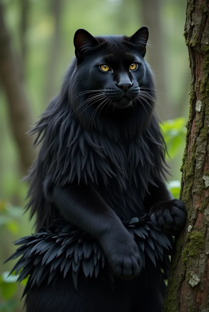 Exu black panther,black man long hair,panther look, accompanied by a black panther,smoking a cigar in the woods,panther eyes 