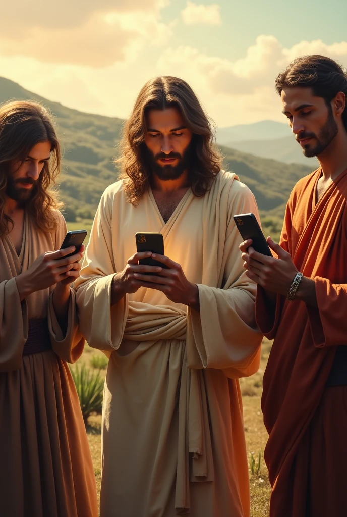 Jesus Christ and his disciples using cell phones to evangelize on social media
