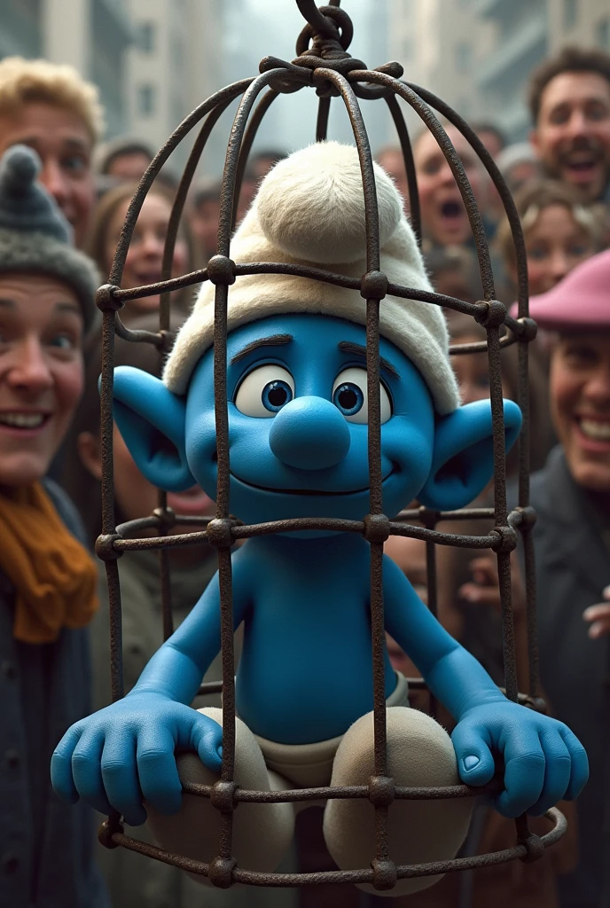 Smurf in a cage surrounded by curious people
