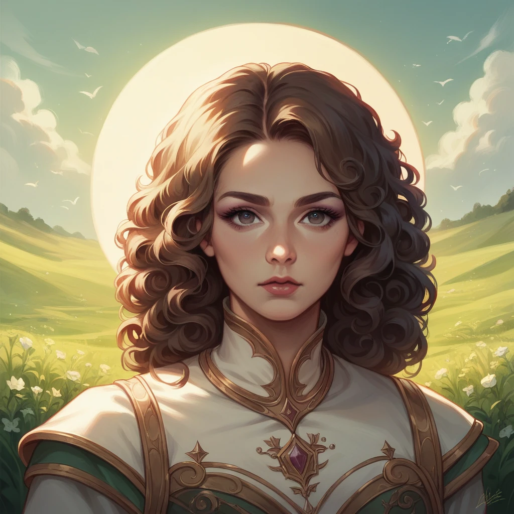 (masterpiece:1.2), (best quality:1.2), perfect eyes, perfect face, perfect lighting, 1girl, mature female in a field, medium blond hair, curly hair, detailed clothes, detailed outdoor background, makeup, eyeshadow, thick eyelashes, fantasy, looking at the viewer, spring