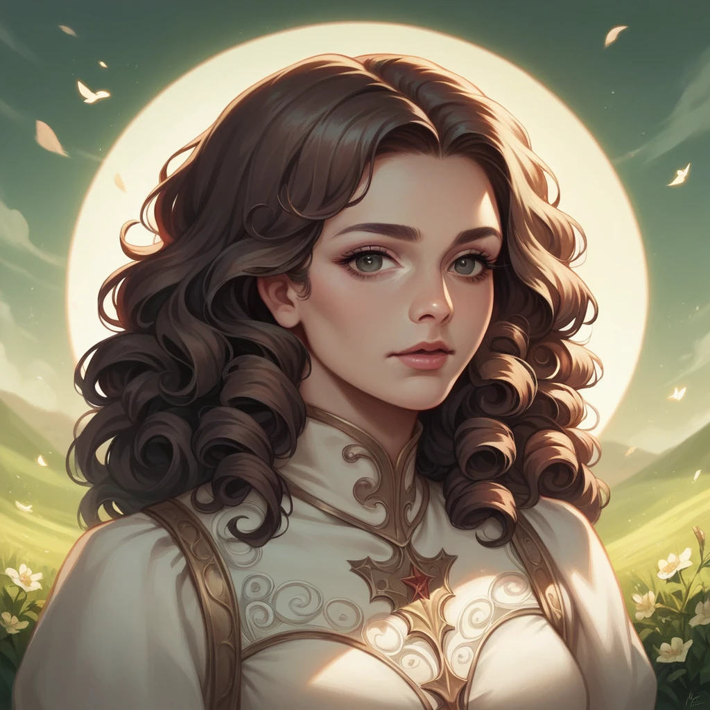 (masterpiece:1.2), (best quality:1.2), perfect eyes, perfect face, perfect lighting, 1girl, mature female in a field, medium blond hair, curly hair, detailed clothes, detailed outdoor background, makeup, eyeshadow, thick eyelashes, fantasy, looking at the viewer, spring 