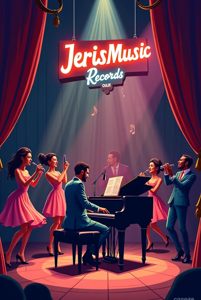 A jazz pianist performing at stage in a dark room..and there is writing ''JerisMusicRecords"..image is in cartoon like lalaland movie style...dancers are dancing..a musical is happening