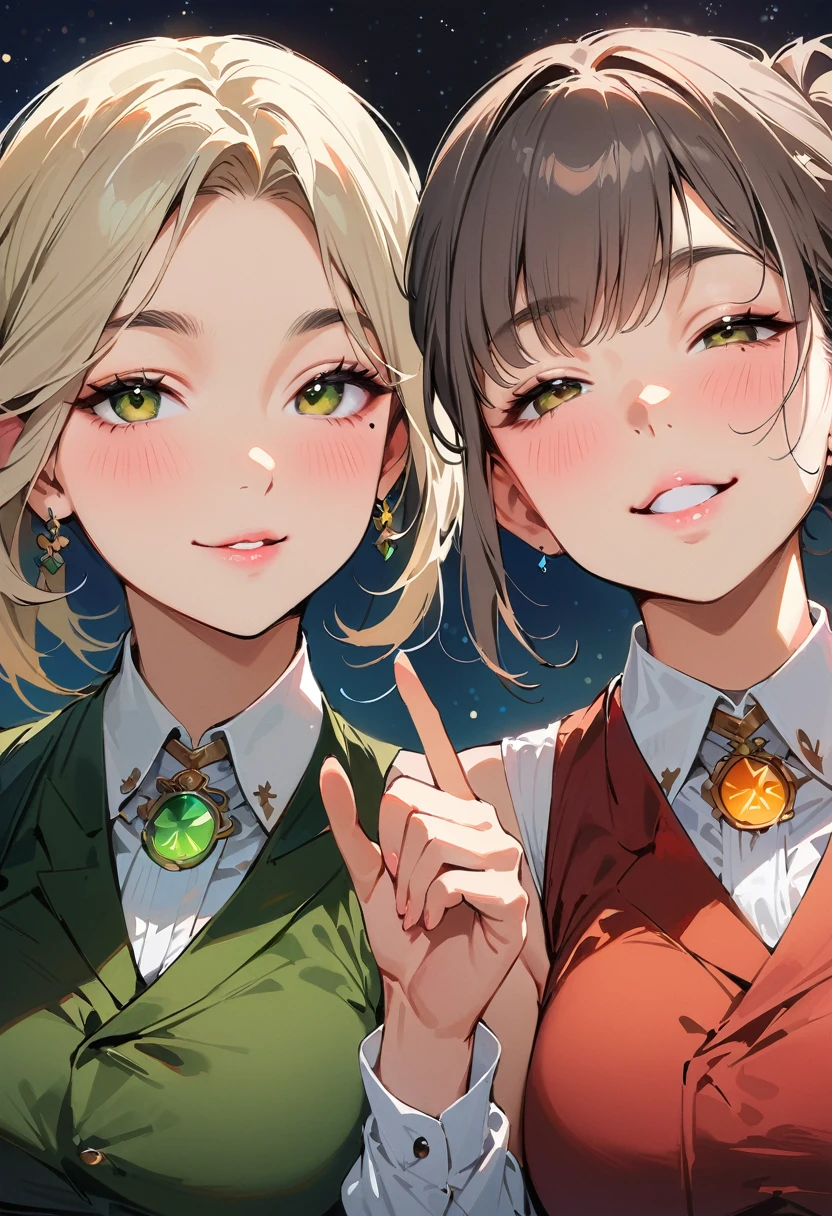 (masterpiece, best quality:1.4), 1 girl, 独奏, Star pupil, Blurred eyes, Close your left eye, Smile, Look up and down, peace gesture, Right tear mole, (Green double ponytail hairstyle:1.2), Royal sister, large breasts, Vest, Vision, Midnight starry sky background.