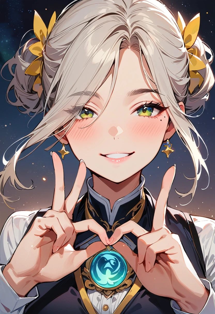 (masterpiece, best quality:1.4), 1 girl, 独奏, Star pupil, Blurred eyes, Close your left eye, Smile, Look up and down, peace gesture, Right tear mole, (Green double ponytail hairstyle:1.2),  Royal sister, large breasts, Vest, Vision, Midnight starry sky background.