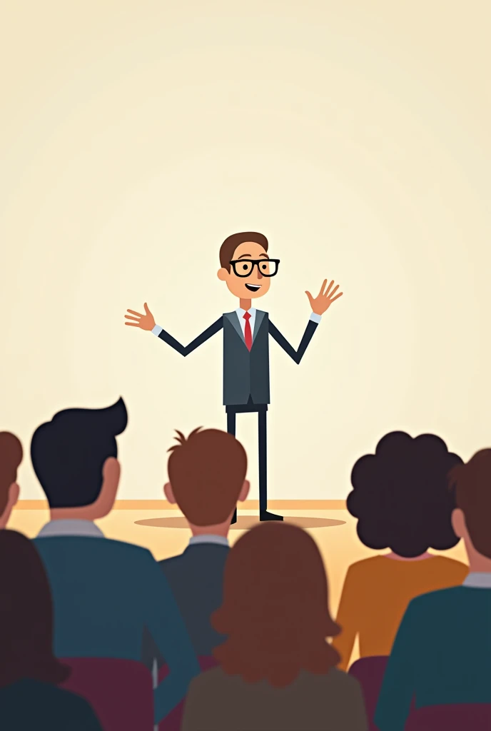 A stickman with glasses giving a speech to others 
