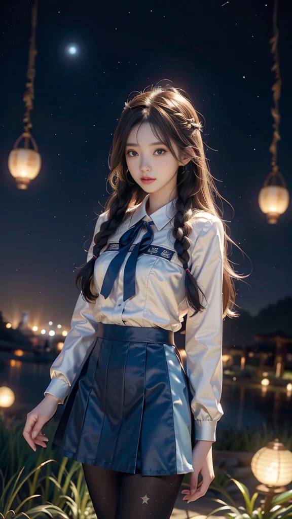 ulzzang-6500-v1.1, (RAW photo: 1.2), (Real photo), (Real photo: 1.4), 1 girl、Perfect anatomy、19 years old、Looking at the camera、Medium length hair、side braids, uniform short skirt, in a surreal royal garden, with many hanging lanterns, under the starry night sky, ((starry night: 1.1))、(Surreal tights: 1.2), (Business service)、Asian eyes Ella,