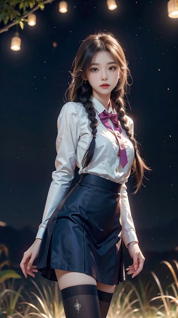 ulzzang-6500-v1.1, (RAW photo: 1.2), (Real photo), (Real photo: 1.4), 1 girl、Perfect anatomy、19 years old、Looking at the camera、Medium length hair、side braids, uniform short skirt, in a surreal royal garden, with many hanging lanterns, under the starry night sky, ((starry night: 1.1))、(Surreal tights: 1.2), (Business service)、Asian eyes Ella,