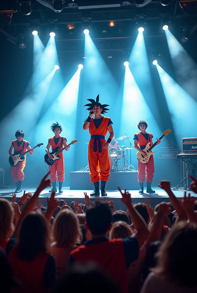Realistic front view of a recital by a group called "nignorao"The stage has laser lights, smoke and reflectors. You can see a drummer, a guitarist, a keyboard player and in the middle the singer with his microphone screaming.. The musicians dress like Goku and the singer dresses like Vegeta. There are a lot of people jumping and enjoying the show.