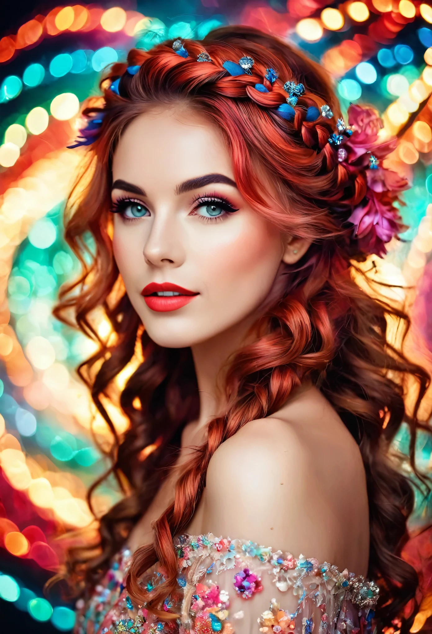 Ultra-real photo of cute woman, full length shot, joy of the eyes, long red tousled and braided hair, sexy, sloppy look, bright colors, intricate details of her beautiful eyes and perfect face, intricate detailed background of steam hall, analog photo style, bokeh, vintage, faded colours 