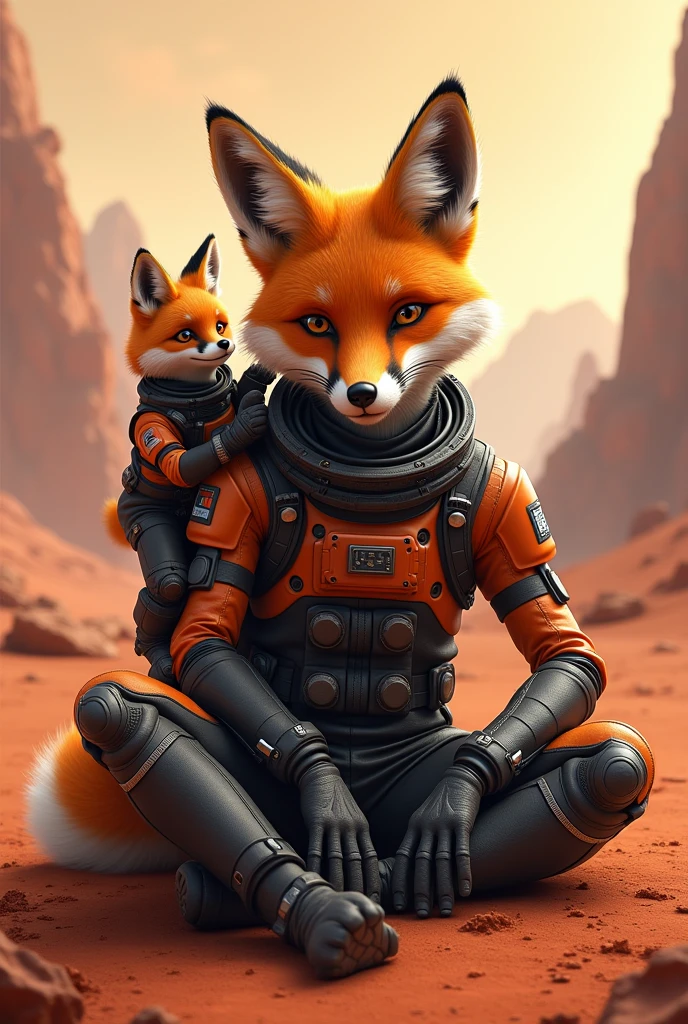 A adult orange and black fox in a space suit while sitting on mars with a small fox in a astronaut suit on his shoulder