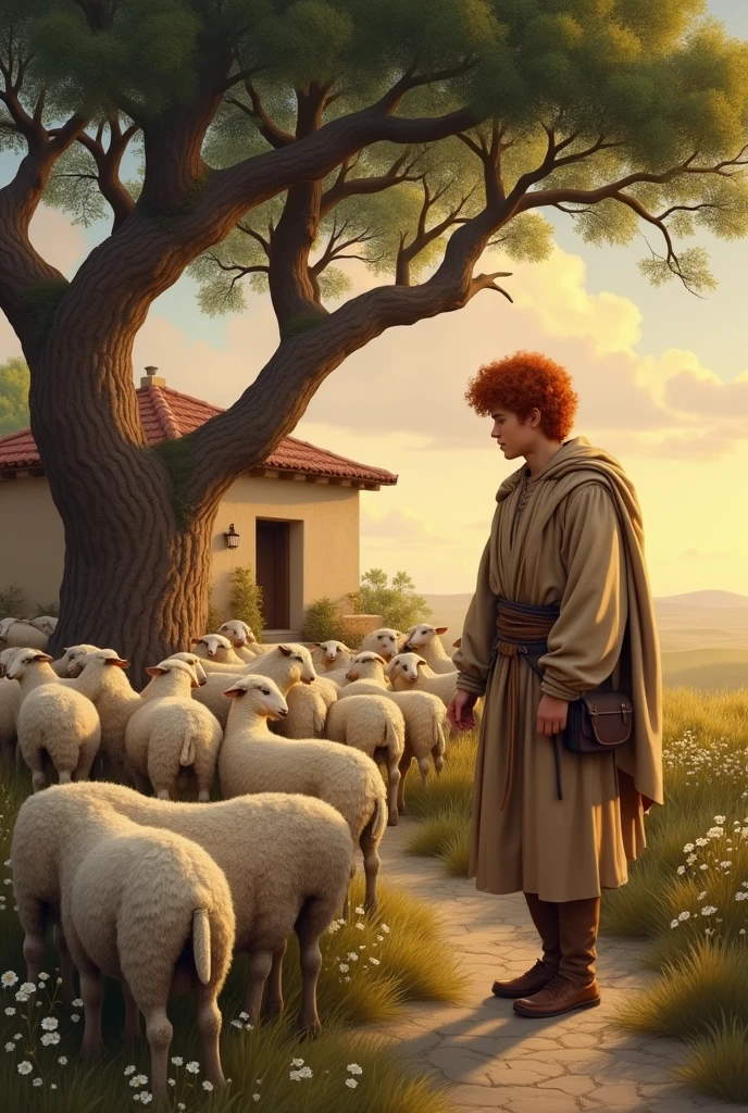 Images of a young man herding sheep and a house in Bethlehem.
a boy with red hair with sheep under a tree,