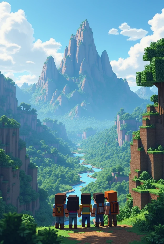 A landscape image with a mountain top with a valley and 5 other people looking at the horizon in Minecraft