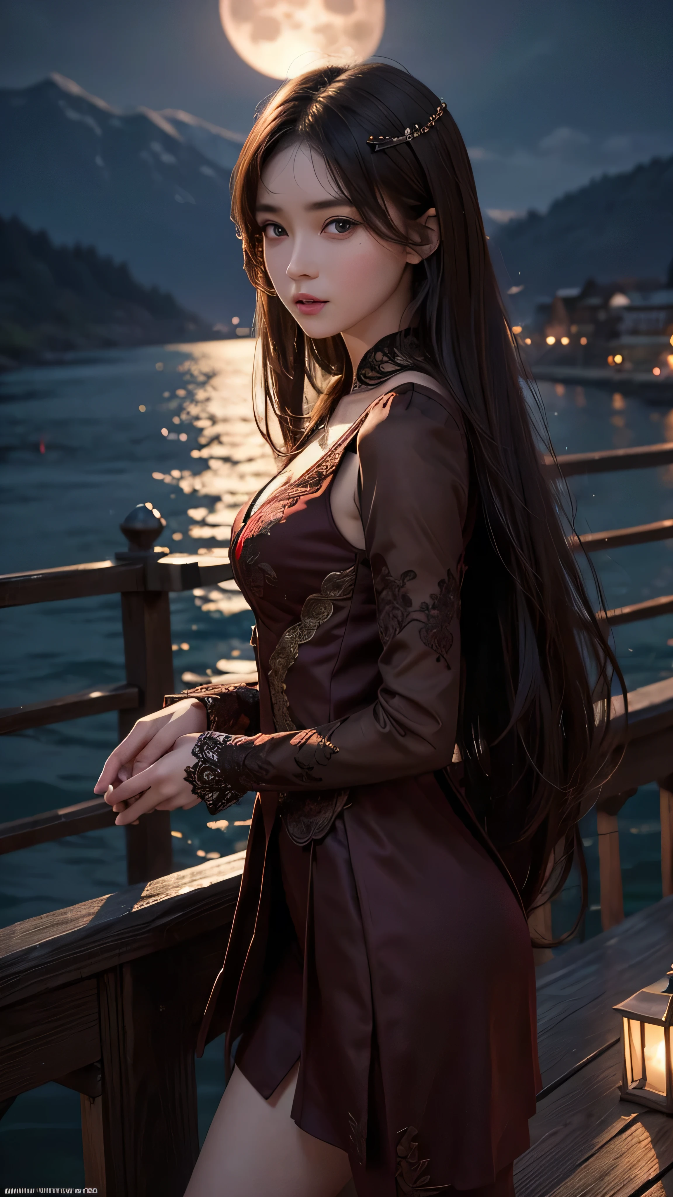 1girl, high detailed face and body, standing on the river bridge, waiting in the dark of moonlight , medium brown hair, intricate detailed pose,slim fit outfit, small Boobs, holding a red rose