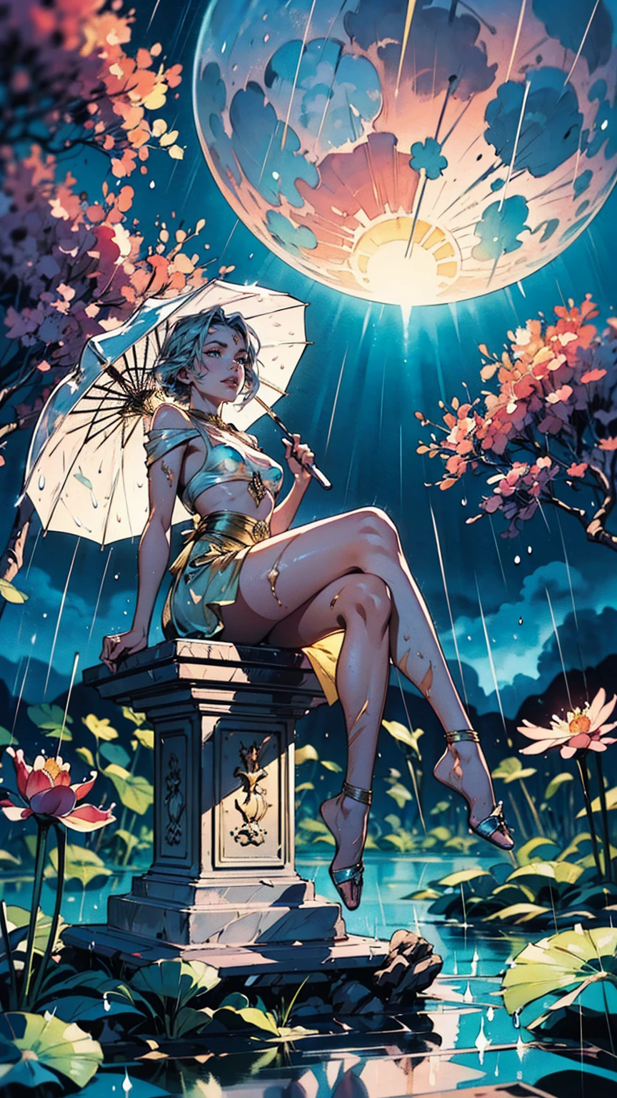 A Majestic Goddess meditating covered in golden and turquoise spice paint, with a fluid and diaphanous dress floating on the waves, with a lotus flower in her lap. Quick painting textured with small rough brush strokes and paint splatters. Epic Instagram shot, vivid color reflections, best quality, best proportions, griffiths flesh art and concept art by wadim kashin, classical dancer, psychedelic dancer movement, moving sea waves, body art by sakimichan art, oil painting with spatula, metallic colors, olpntng style, beautiful teenager, splash effect, violent sea, ((goddess sitting on marble pedestal)), fluid paint, 3d liquid paint, 3d fractals, gold, silver and bronze metallic colors, particles light, dreamy, alcohol ink, 3d soft relief, bright sparkles, dreamy shine, conceptual art by alberto seveso, anna dittmann, arthur rackham, 16k, dripping paint, gold-silver and bronze oil painting, paint rain colors metallic, full body, full body, watercolor paper texture skin, watercolor texture skin, gold and silver metallic skin, olpntng style, young girl, splash effect, extremely fluid, 3d fractals, light particles, conceptual alberto seveso, anna dittmann, arthur rackham, 16k, oil painting, strong strokes, dripping paint, very long hair merged into the ocean, silver hair, fluid clothing merged into water, skin wet with water, (((transparent clothing showing body naked))), big and foamy waves, ((bubbles floating)), Greek column, ((night sky with full moon)), ((sky sunset storm and rain)), Ica sitting in front, naked girl, well-detailed eyes, beautiful eyes, golden eyes, (lamp and lantern), (surreal old floating object), surreal art, overexposure art,, wlop art, ((flowers, silhouette of trees, floral garden)), ((umbrella, parasol)), flowers, ((goddess sitting on marble pedestal)), ((night sky with full moon)), ((sky sunset storm and rain))