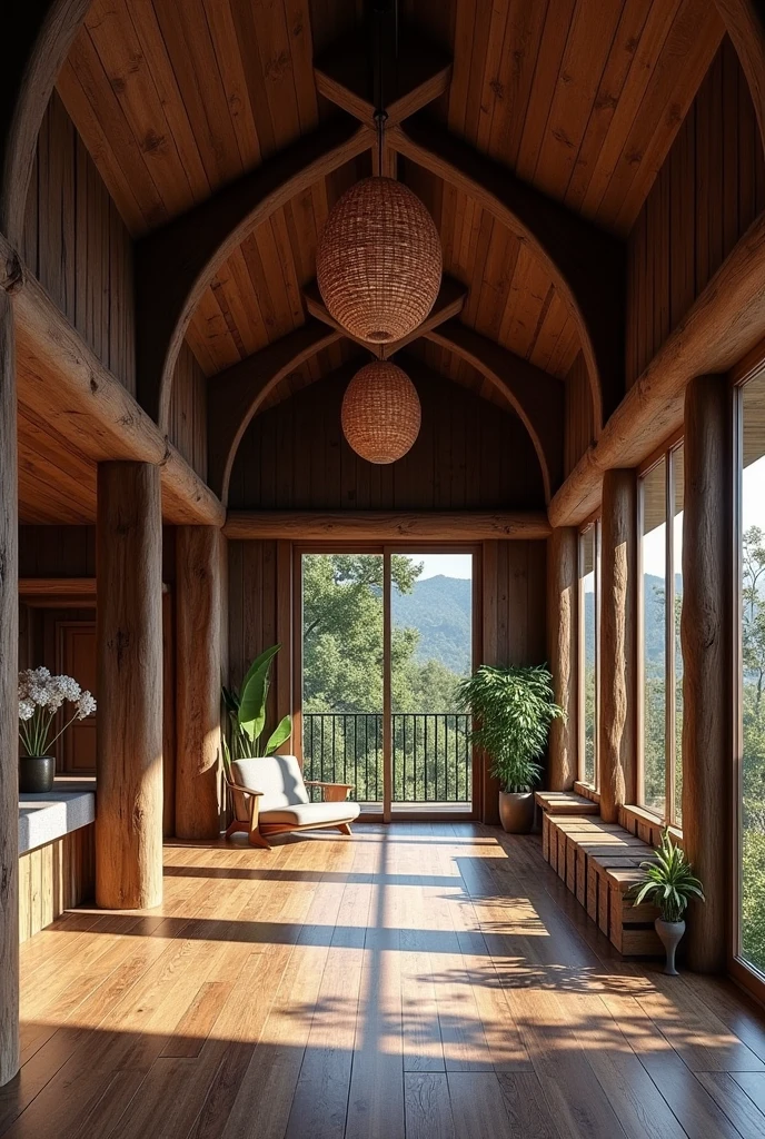I have a rustic hotel made of dark wood but luxurious and large, about 30 meters wide., I want to see the common room and the hotel reception. Everything is themed around nature. It has a hallway to see a viewing point that my hotel has.