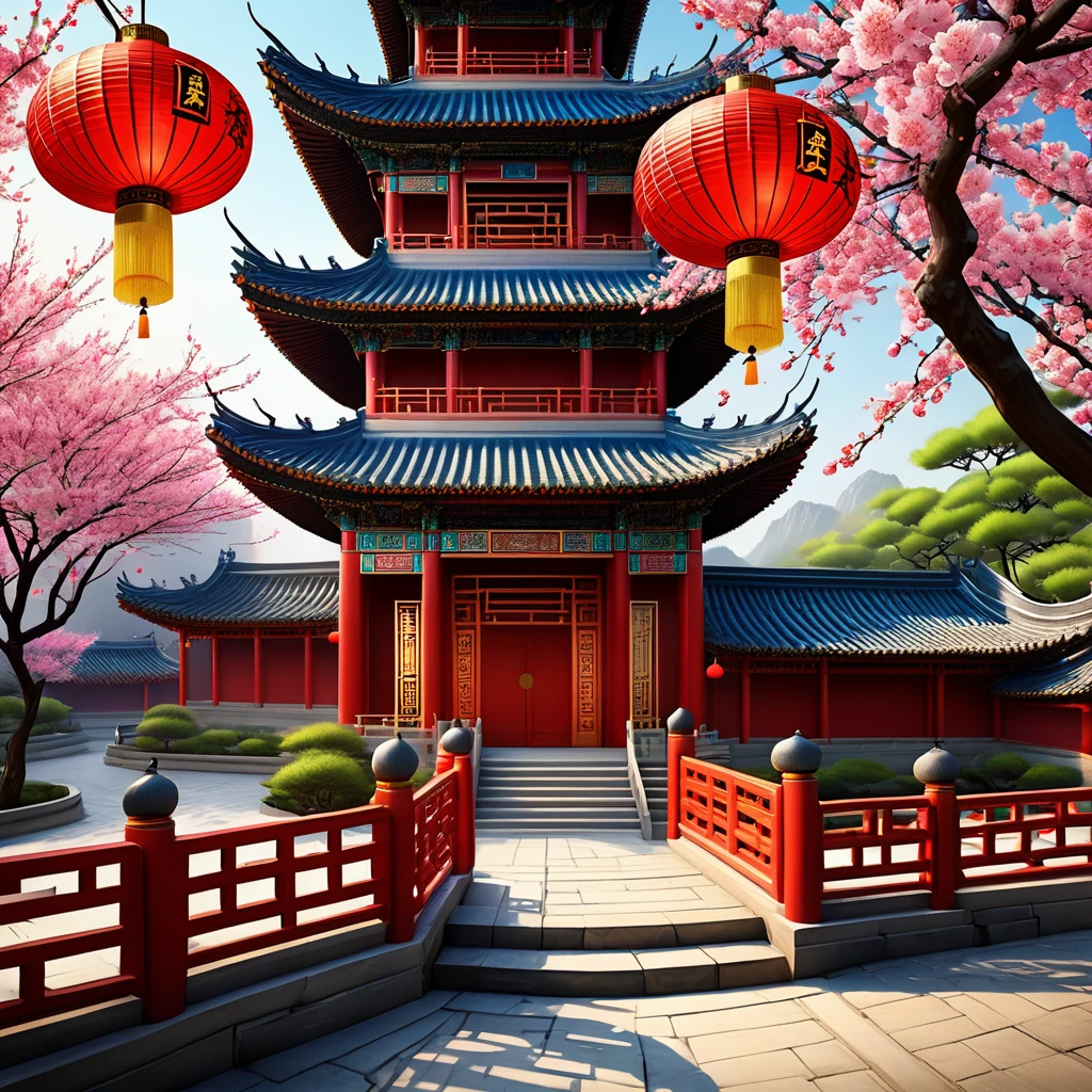 HD, Reality:1.2, Traditional Chinese scene, Magnificent Chinese architecture, exquisite coiffure engraving, Vibrant colors, Traditional decorative elements, Detailed texture, Dynamic Lighting, Realistic shadows, Chinese traditional clothing, flowing silk, fluttering red lantern, Towering Pagoda, Tranquil Garden, Cherry blossoms in full bloom, Traditional music and performances, Auspicious symbols, Active atmosphere, Cultural Heritage, Movie Lenses, Immersive Experience, Fusion with modernity, Massive, Stunning scenery