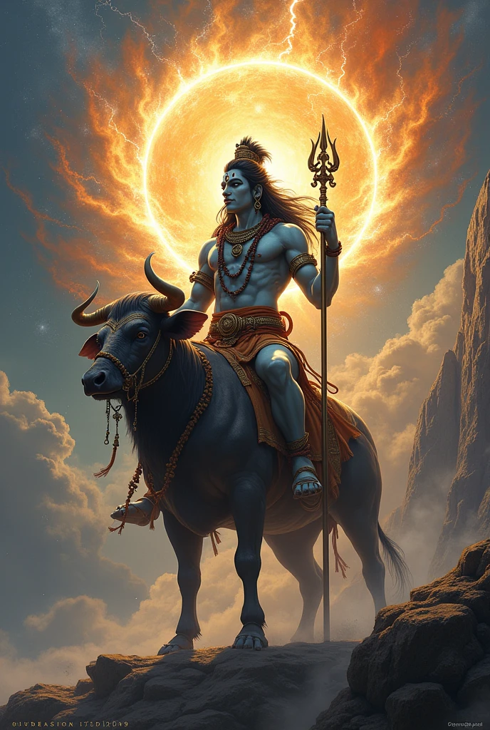 hand Lord siva sitting on nandi,whole universe as a ring on his head most powerful Trident in his right hand, damru on his left hand,stand on a mountain clif looking at the five head snake with very rage , the sun high in the sky ,kaliya going to eat the sun , thunder touching the Trident, deep black cloud, cosmic rays on his head