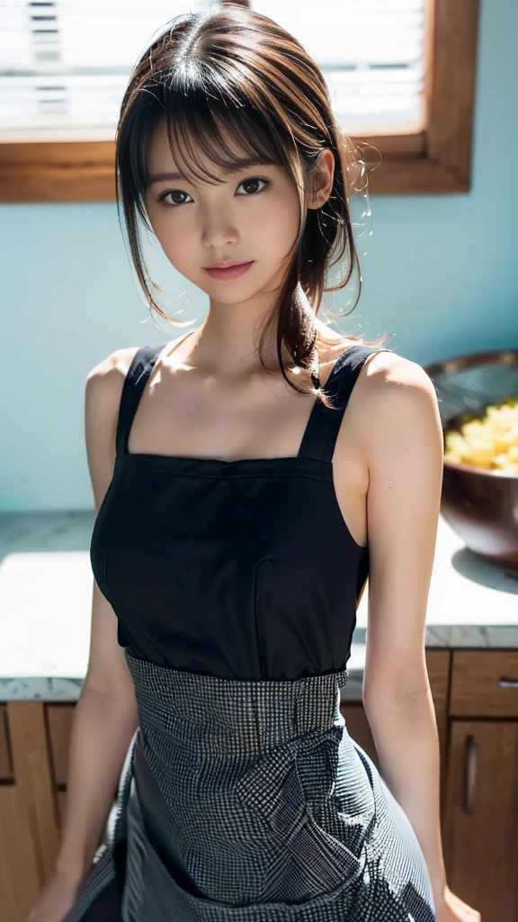 8K, of the highest quality, masutepiece:1.2), (Realistic, Photorealsitic:1.37), of the highest quality, masutepiece, Beautiful young woman, Pensive expression, Gentle eyes, Apron naked、Lovers、Hair tied back, Messy mood, Cinematic background, Light skin tone