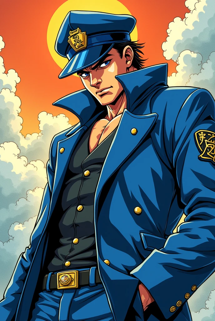 Anime character wearing a blue jacket, Joseph Joestar, jotaro kujo, Jojo anime style, jotaro, Becoming a JoJo character, In Jojo\The Bizarre Adventure of, Ninja scroll anime style, an angry muscular army general, Kentaro Miura's Manga Art Style, JJBA, Joe Biden as a JoJo character, striking manga artstyle,Dwayne Johnson style,((Defective Japan))
Japanese student cap,((Japanese Banchou))