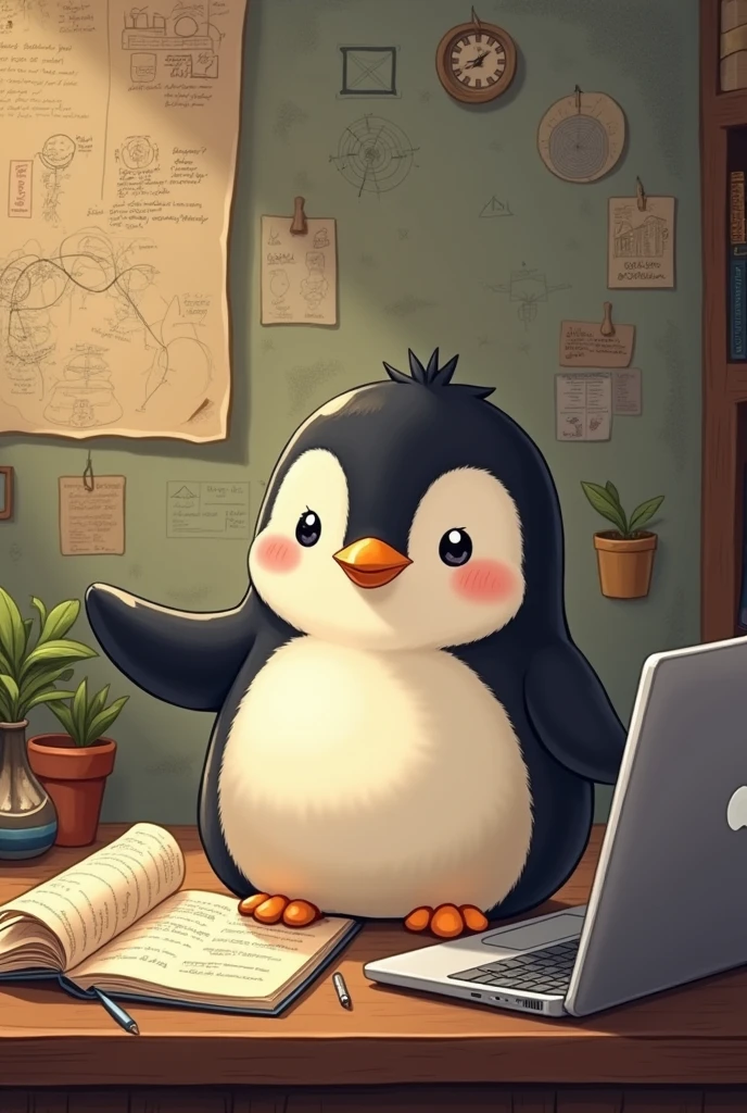 Make image a cute penguin sitting on book with laptop and in background lot of diagram